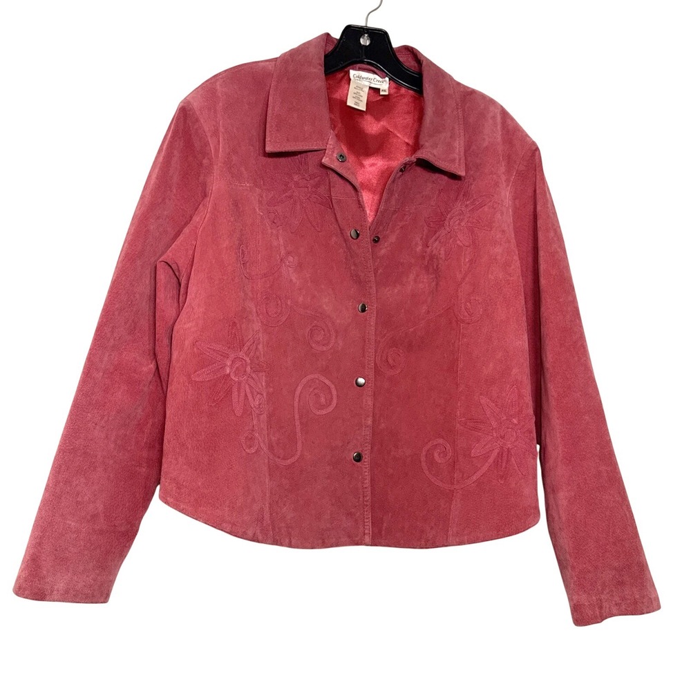 Coldwater Creek Womens PXL Red Pink Snap Leather Jacket Appliqué Flowered‎ Front